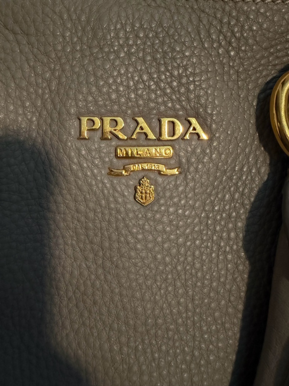 Prada Gray Taupe Pebbled Leather Tote with Gold Hardware - Picture 2 of 6